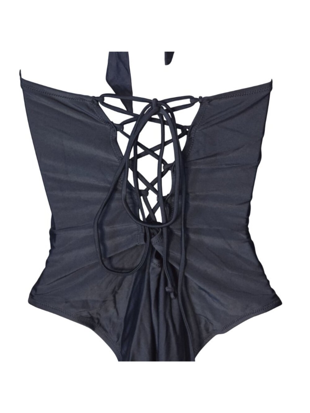 Black Halter One-Piece Swimsuit L Strappy Lace-Up Back Ruched Lined Cheeky - Picture 11 of 11